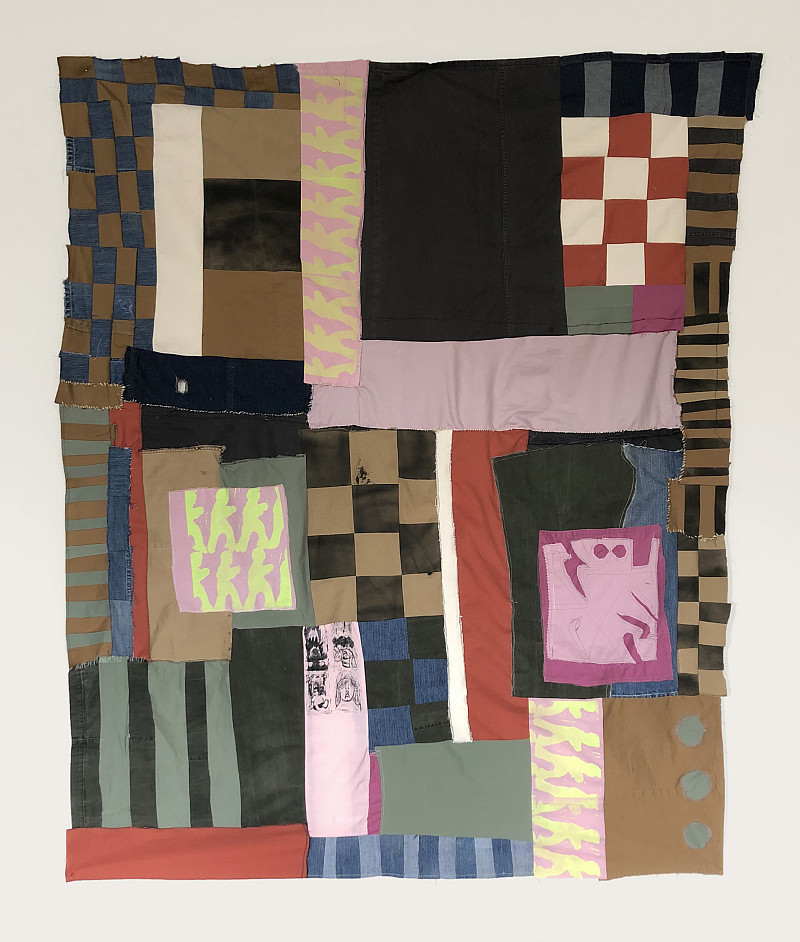 Sewing Collage 1, old pants, block printed fabric, recycled tablecloth and bed linens, canvas, 54.5 x 66.5, 2020