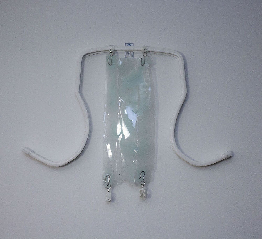 Liv Cocozza, Untitled (Blue), 2020, Silicone, plastic curtain rod, screws, brackets, metal hooks,...