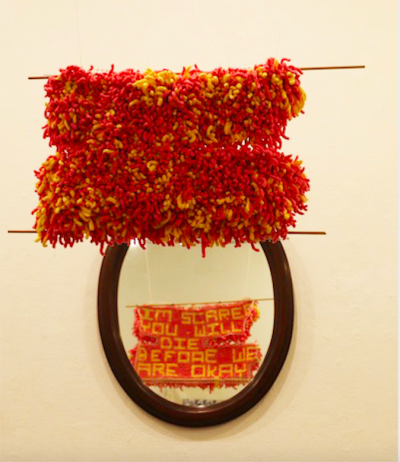 Lou Pfeifer, I'm Scared You Will Die Before We Are Okay, 2020, yarn, wood, rug backing, 16 x 12