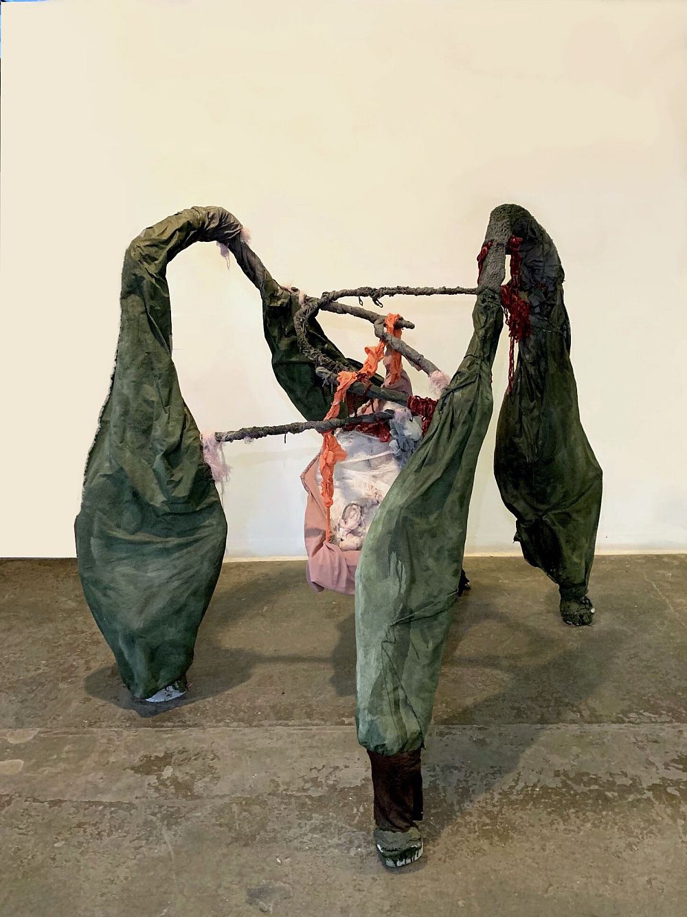 Madison Svercel, Stress Dreaming, 2019, Steel tubing, pencil rod, cement, muslin, yarn, wax, hous...