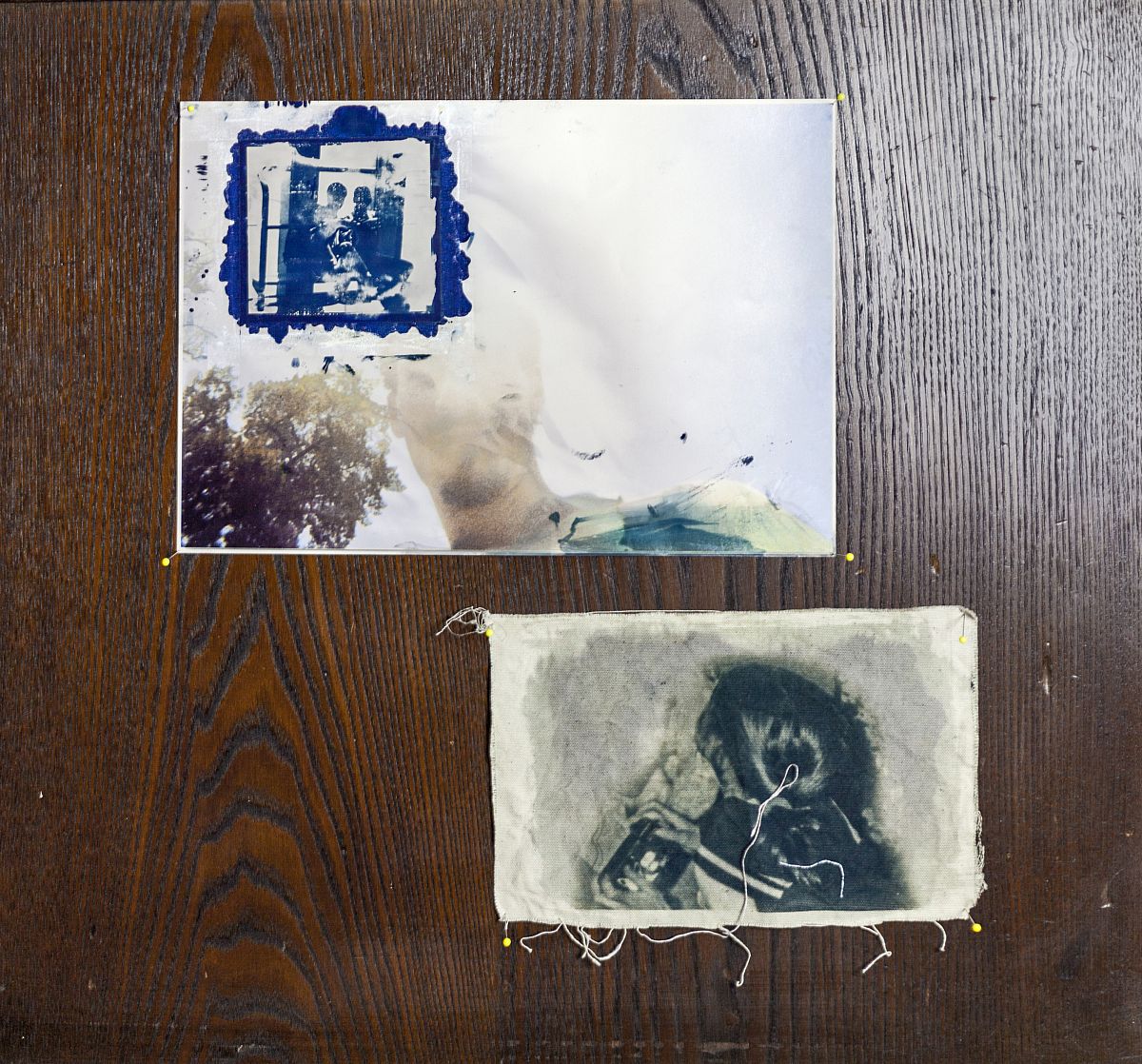 Lara Young, Photographing My Parents In The Sun, 2020, cyanotype on inkjet print, toned cyanotype on canvas, hung on sewing pins, 20 x 20
