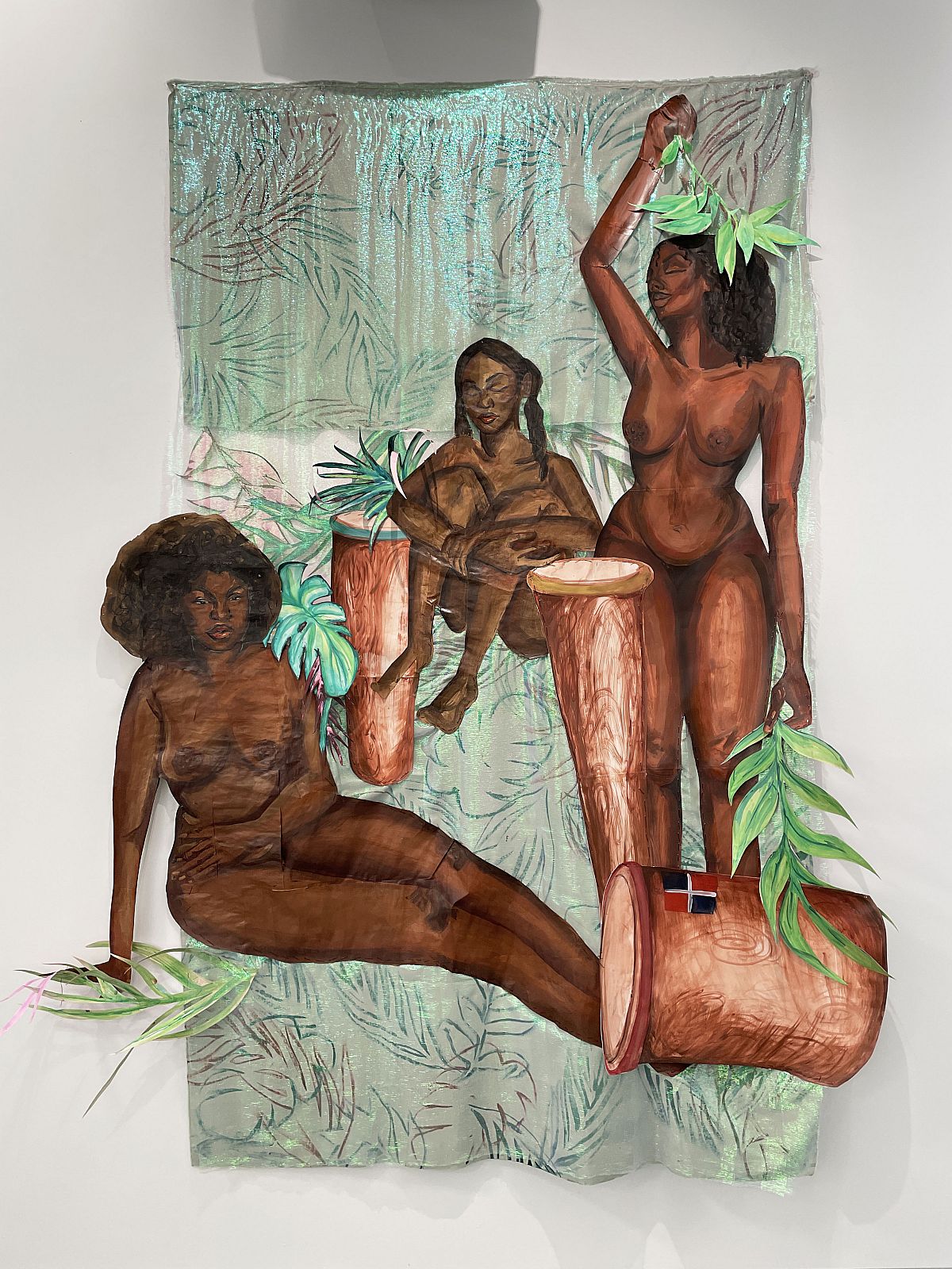 Three Graces, Mixed Media- organza fabric, bristol paper, kraft paper, acrylic, charcoal, 6' x 4.5', 2020-2021