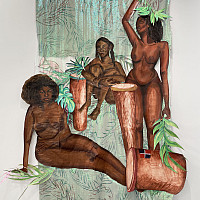 Three Graces, Mixed Media- organza fabric, bristol paper, kraft paper, acrylic, charcoal, 6' x 4.5', 2020-2021