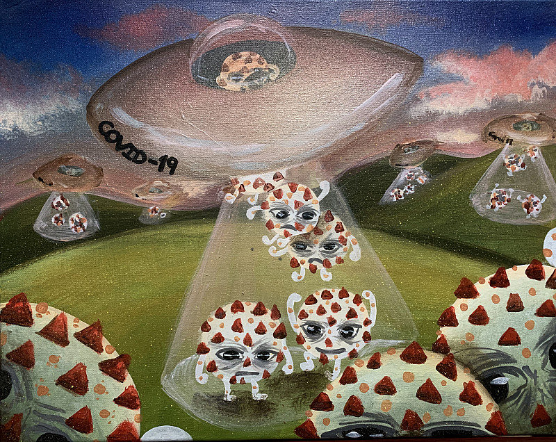 Sarah Shibah, Covid-19 Invasion, 2020, Acrylic, Spray paint on stretched canvas, 16 x 20