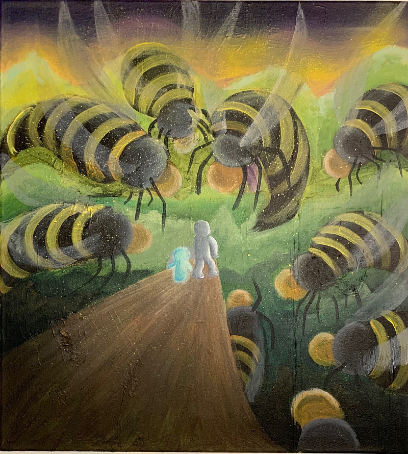 Sarah Shibah, Attack of the Murderous Hornets, 2020, Acrylic, spray paint on stretched canvas, 24 x 36
