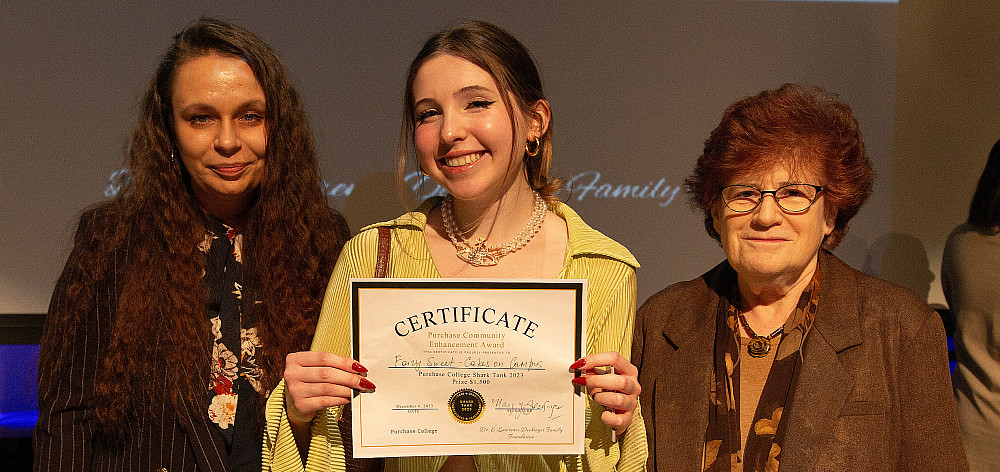 Shark Tank 2023: Asst. Professor Iulia Chikish, Community Enhancement award winner Anabela Taveira '25, and Nancy Deckinger, event sp...