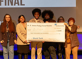 Shark Tank 2023: Asst. Professor Iulia Chikish and Grand Prize Winners Priya Tejpal, Diogo Diallo, and Steven Reyes with Nancy Decking, f...
