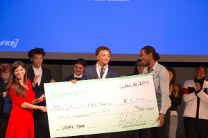 Purchase College Startup Pitching Competition: Front (holding the check): Liya Palagashvili (economics professor), Sheldon Max Pearce 