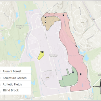 Aerial map of our four fragment sites within SUNY Purchase. Our four study sites are Blind Brook, Athletic Fields, Alumni Forest, and Scu...