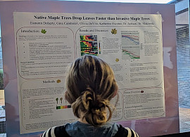 Visitor reading a scientific poster at the Ecology Poster Session