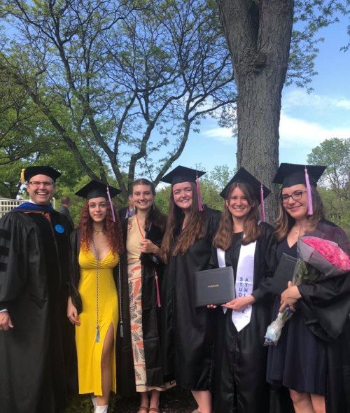 Taylor lab at commencement 2019: Dr. Ryan Taylor, Georgie Humphries, Alivia Zimmerman, Kayla VanH...