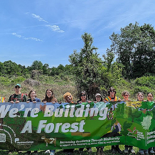 Many people holding a banner that says We're building a forest