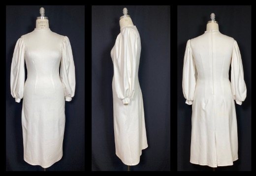 Fitted Off-White Ponte Knit Dress with stand collar, bishop sleeves, and back ventDraper-Cassidy ...