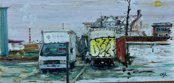 Bridgeport in Moonachie Oil on masonite.