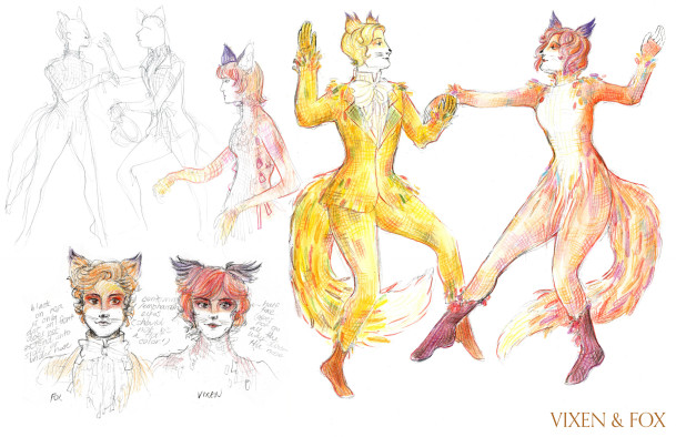 A finished watercolor painting of the Fox and Vixen dancing, as well as exploratory sketches.