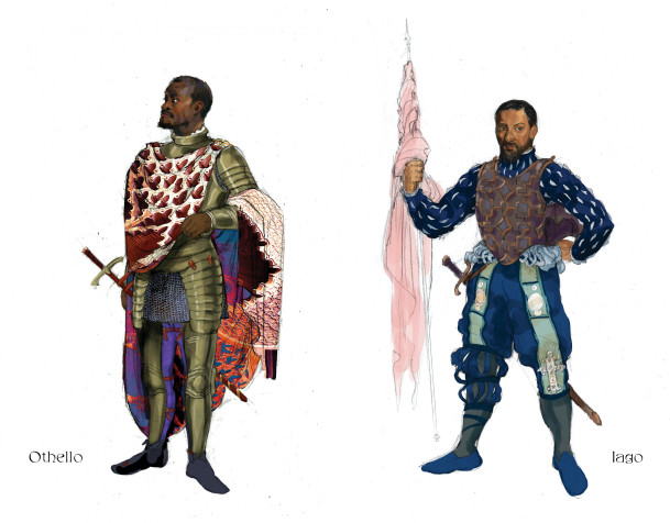 Illustrations of Othello and Iago in armor.