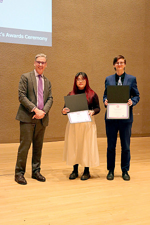 President Steiper with SUNY CASE winners Kelley Bui '26 and Victor Vyssotski '26