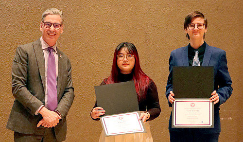 President Steiper with SUNY CASE winners Kelley Bui '26 and Victor Vyssotski '26