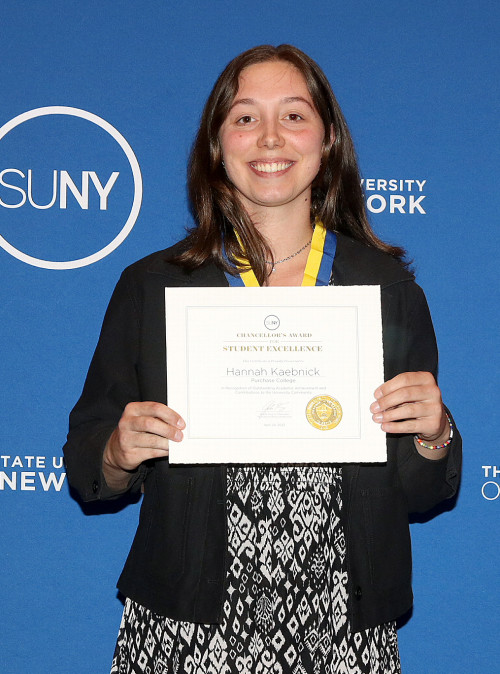 SUNY Chancellor John King, Hannah Kaebnick (holding a certificate), and Rudolf Gaudio, Director of Natural and Social Sciences