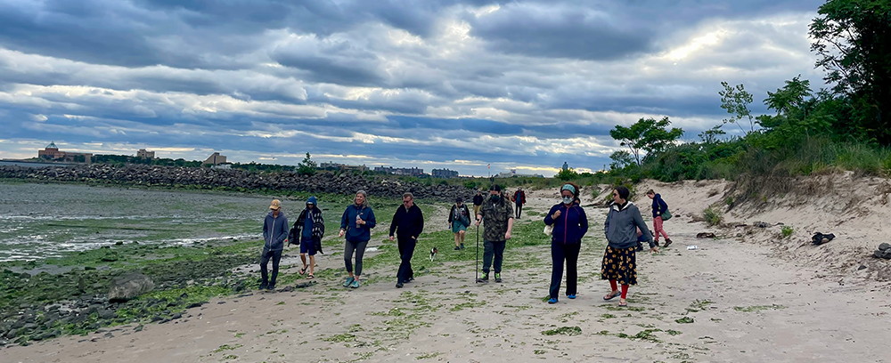 Professor Lisa Jean Moore leads a group to observe horseshoe crabs on Plumb Beach, June 2022.