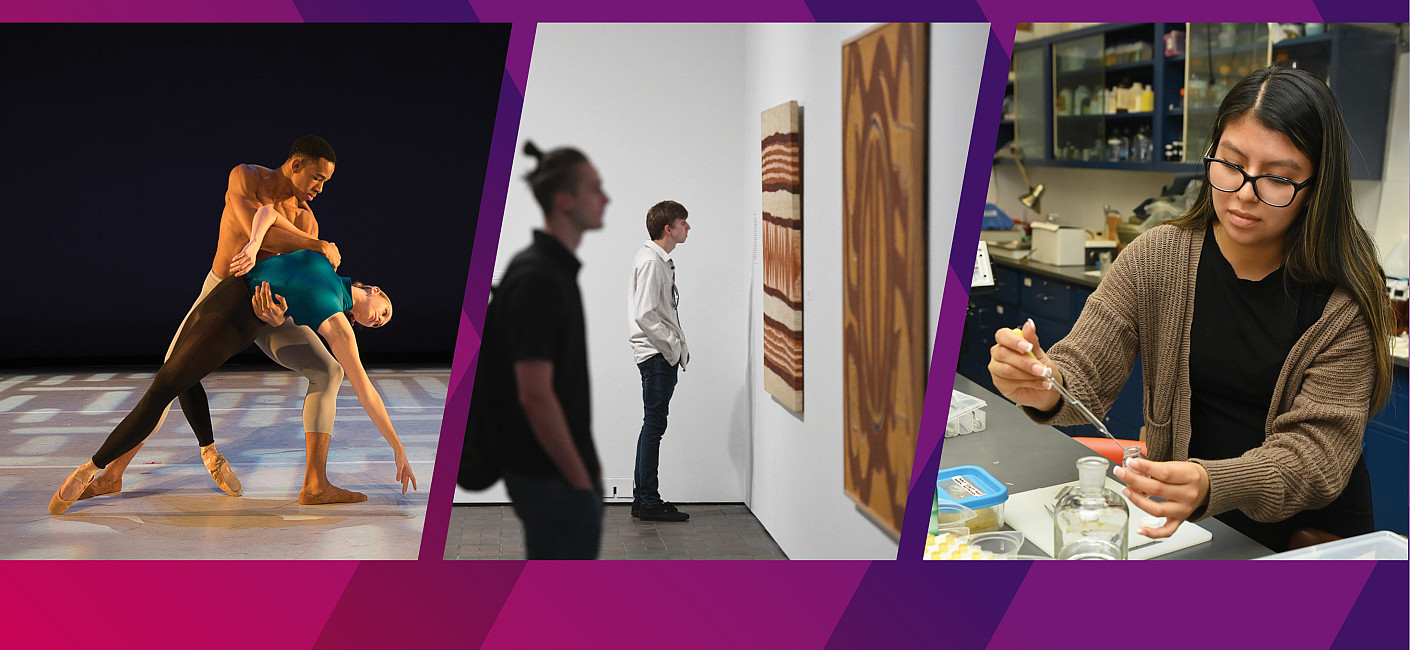 Composite of three images–two dancers, two people looking at art in a gallery, a student working in a lab—on a purple background.