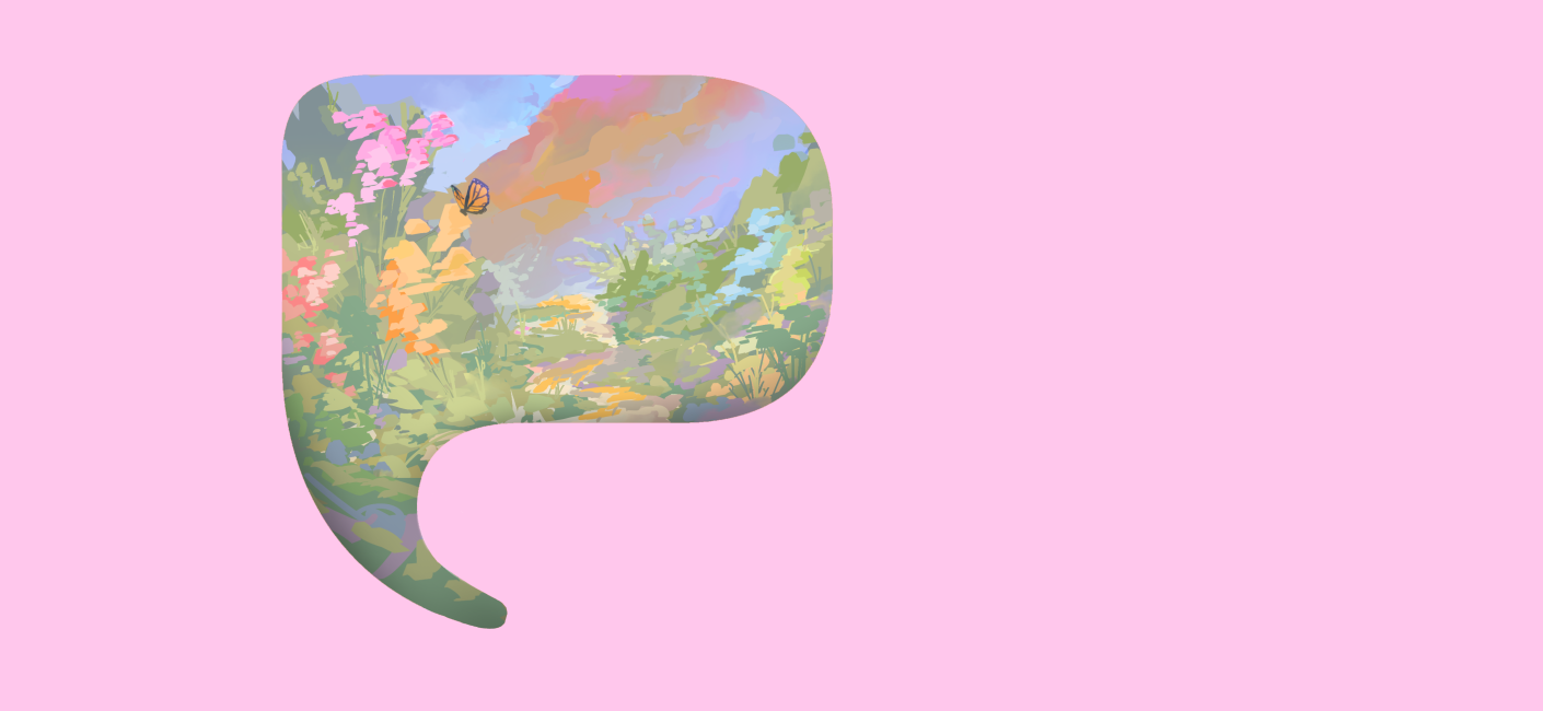 Pink background with a Bubble P logo filled with an illustration of a spring woodsy scene in greens, pinks, yellows, and oranges with a sky of blues and purples.