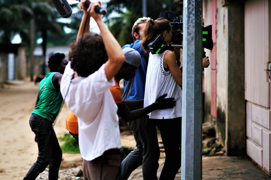 Co-director Chad Hilton and crew on the set of Livin' in the Rain (Cotonou, Benin)