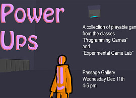 An orange game character in a 3d world in front of a flyer.