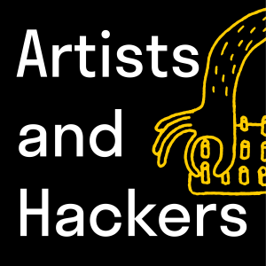 Artists and Hackers logo in text with drawing of hand on digital device