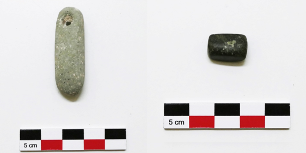Finds from Square 4M-25d: a stone pendant and a possible balance pan weight (K-LAARP archive).