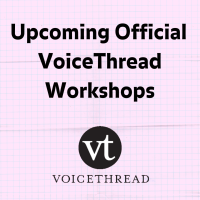 Upcoming Official VoiceThread Workshops on a pink graph paper background with the official VoiceT...