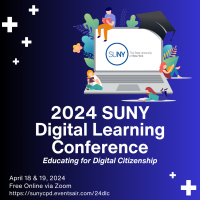SUNY Digital Learning Conference image featuring a dark background and open laptop with the SUNY logo on the screen