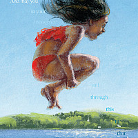 Drawing of girl in mid-air as she cannonballs into a lake.