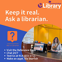 A friendly librarian sits at the reference desk. Text explains ways to get help from a librarian
