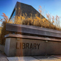 Library bench with library building in the background