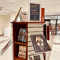 Books on Native American art on display at a kiosk on the Library?s first floor.