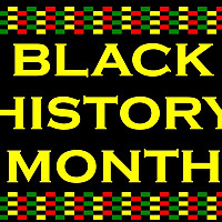 Graphic with black background, yellow, red, and green decorative design. Black History Month is spelled out in yellow lettering.
