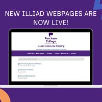 Graphic announcing New ILLiad webpages are now live, shown on a shown on a purple background with a laptop showing ILLiad Webpage