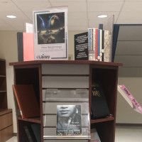 Books on Afrofuturism, migration, and change are displayed on a shelf at the Library