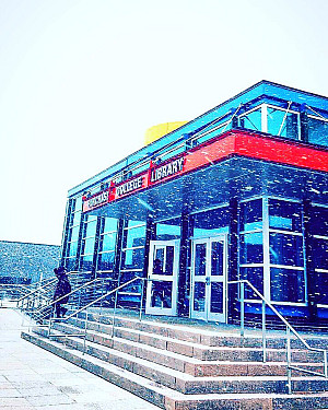 Purchase College Library in the snow.