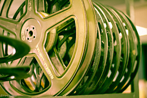 Empty reels of film on a shelf