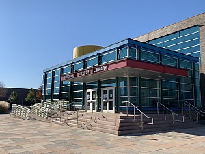 View of Library front steps and doors facing South