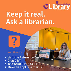 A friendly librarian sits at the reference desk. Text explains ways to get help from a librarian