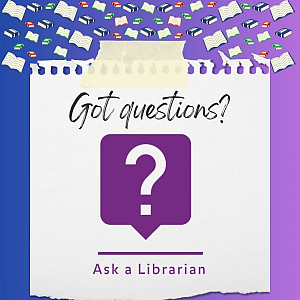 notepad with flying books and text got questions? ask a librarian