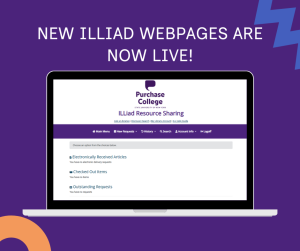 Graphic announcing New ILLiad webpages are now live, shown on a shown on a purple background with a laptop showing ILLiad Webpage