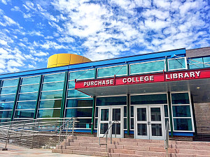 Exterior view of the front of the Purchase College Library.