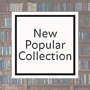 A bookshelf with New Popular Collection imposed over it