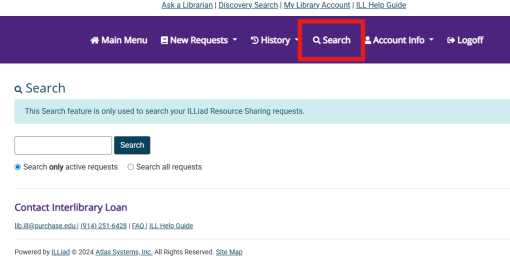 Screenshot of the ILLiad interface with the New Search feature highlighted by a red box.