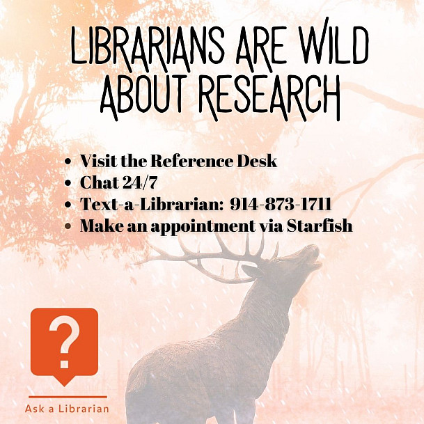 Deer in the forest with the Ask a Librarian logo. Librarians are wild about research; we can help via ref desk, chat, text, and appointment