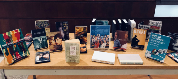 Photo of the LGBT History Month display, which features notable works by, for, and about LGBTQ people, located near the Library Reference desk, October 1-30, 2017.